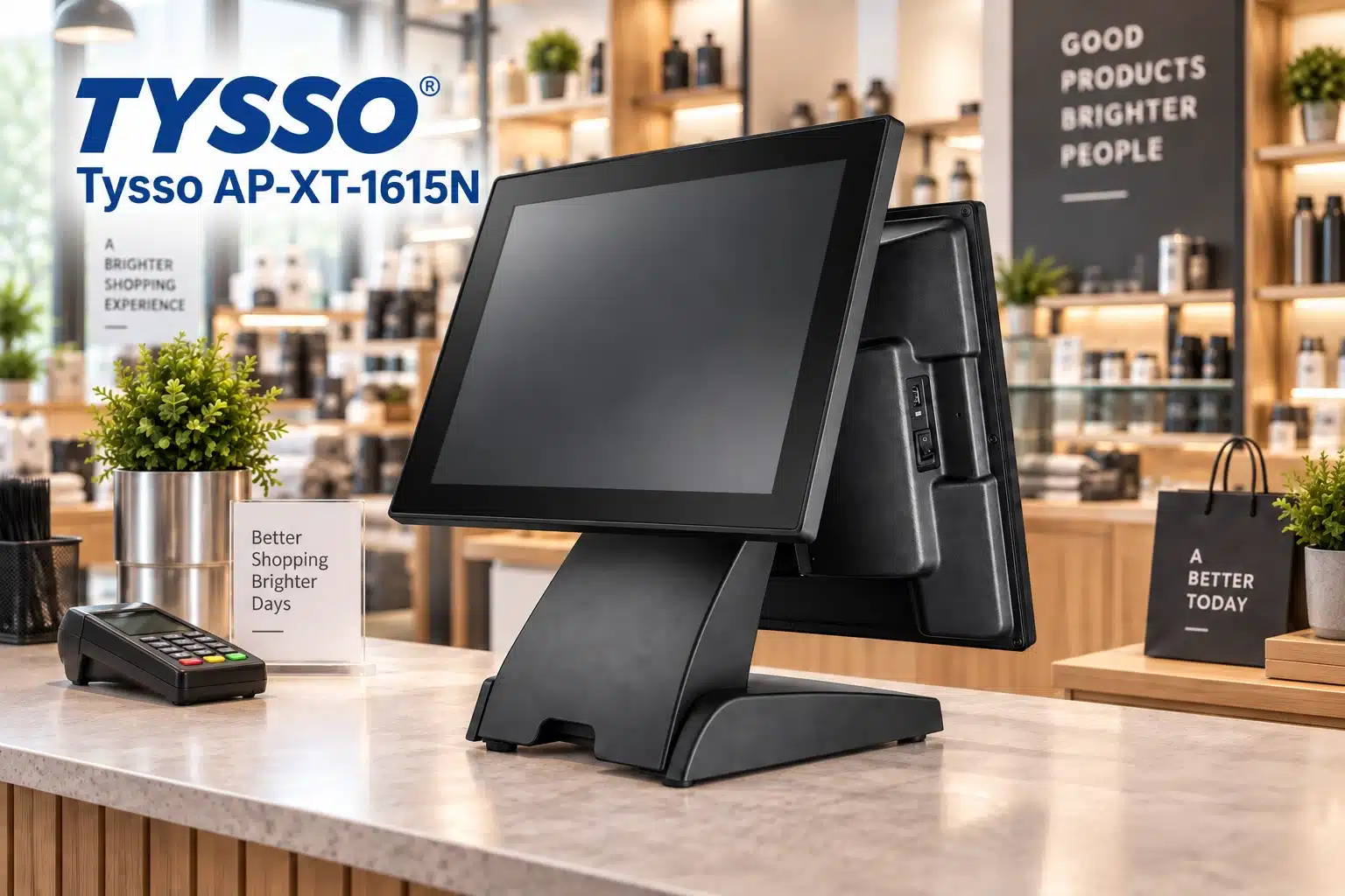 Втори клиентски дисплей TYSSO AP-XT-1615N, монтиран на POS терминал в магазин от Елтрейд